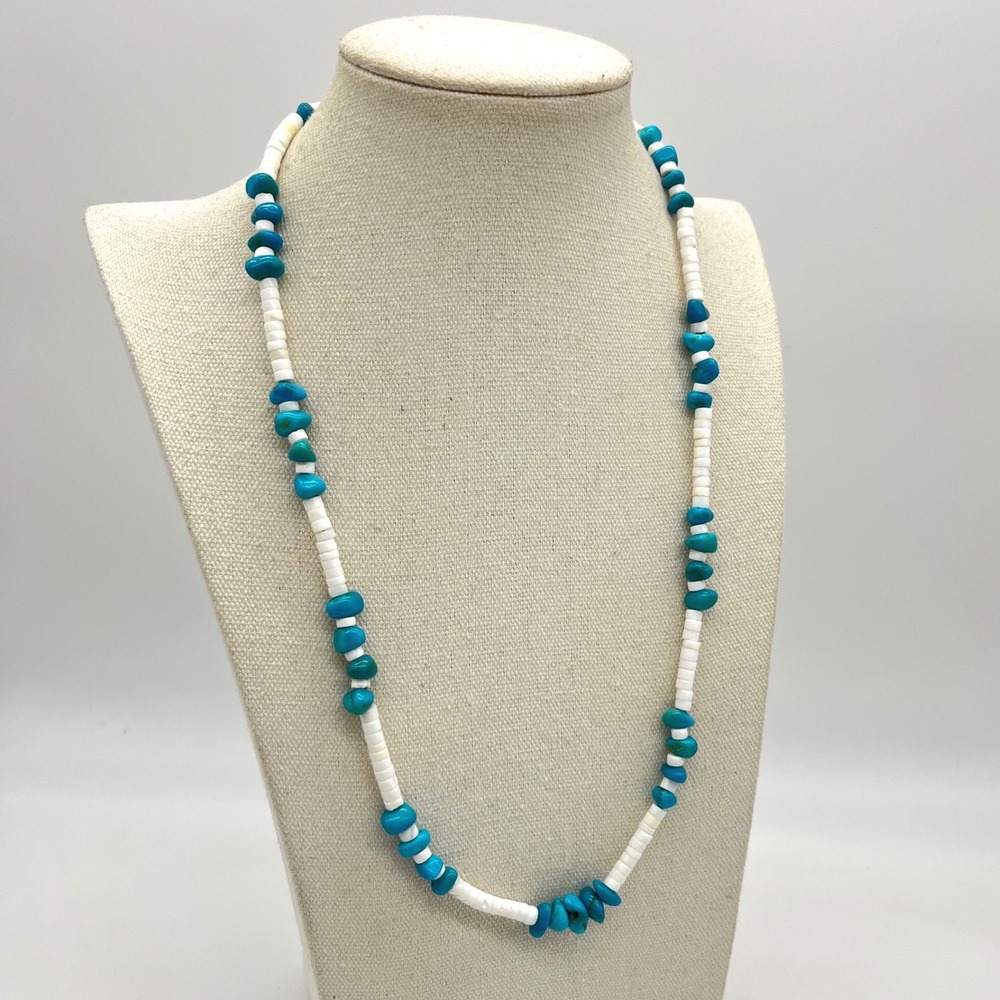 Vintage Turquoise Nugget and White Heishi Shell Bead Necklace 24 Inch Boho - Picture 1 of 7